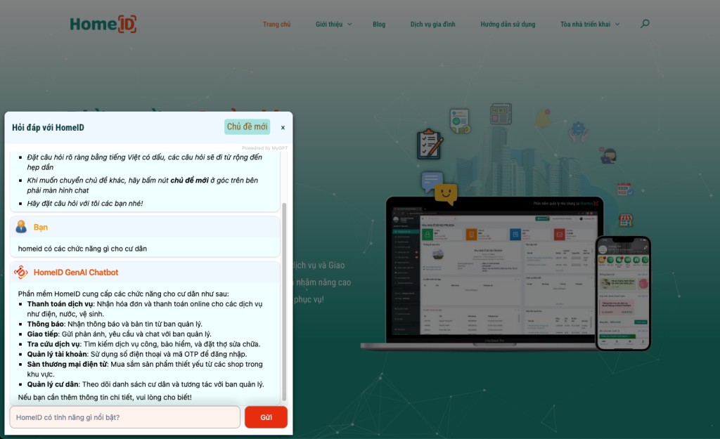 Chatbot AI HomeID trong tư vấn ứng dụng quản lý chung cư